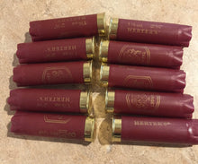 Load image into Gallery viewer, Dark Red Burgundy  Shotgun Shells for DIY Boutonnieres Empty 12 Gauge ShotShells Used 12GA Shot Gun Maroon Hulls 8 Pcs | FREE SHIPPING
