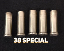 Load image into Gallery viewer, 38 SPL Special Nickel Shells Plated Spent Casings Once Fired Ammo Cartridges Silver Bullet Jewelry Qty 5 pcs
