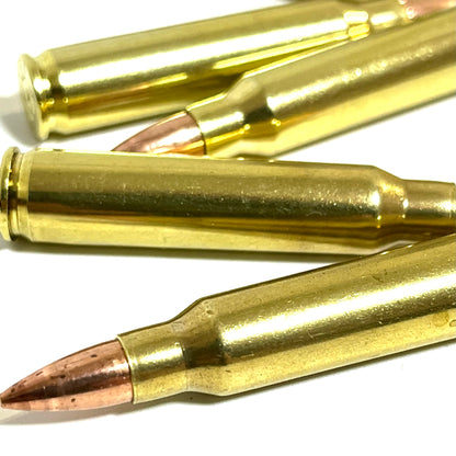 Close-up view of shiny brass inert 223 rounds lying horizontally on a clean surface for film props.