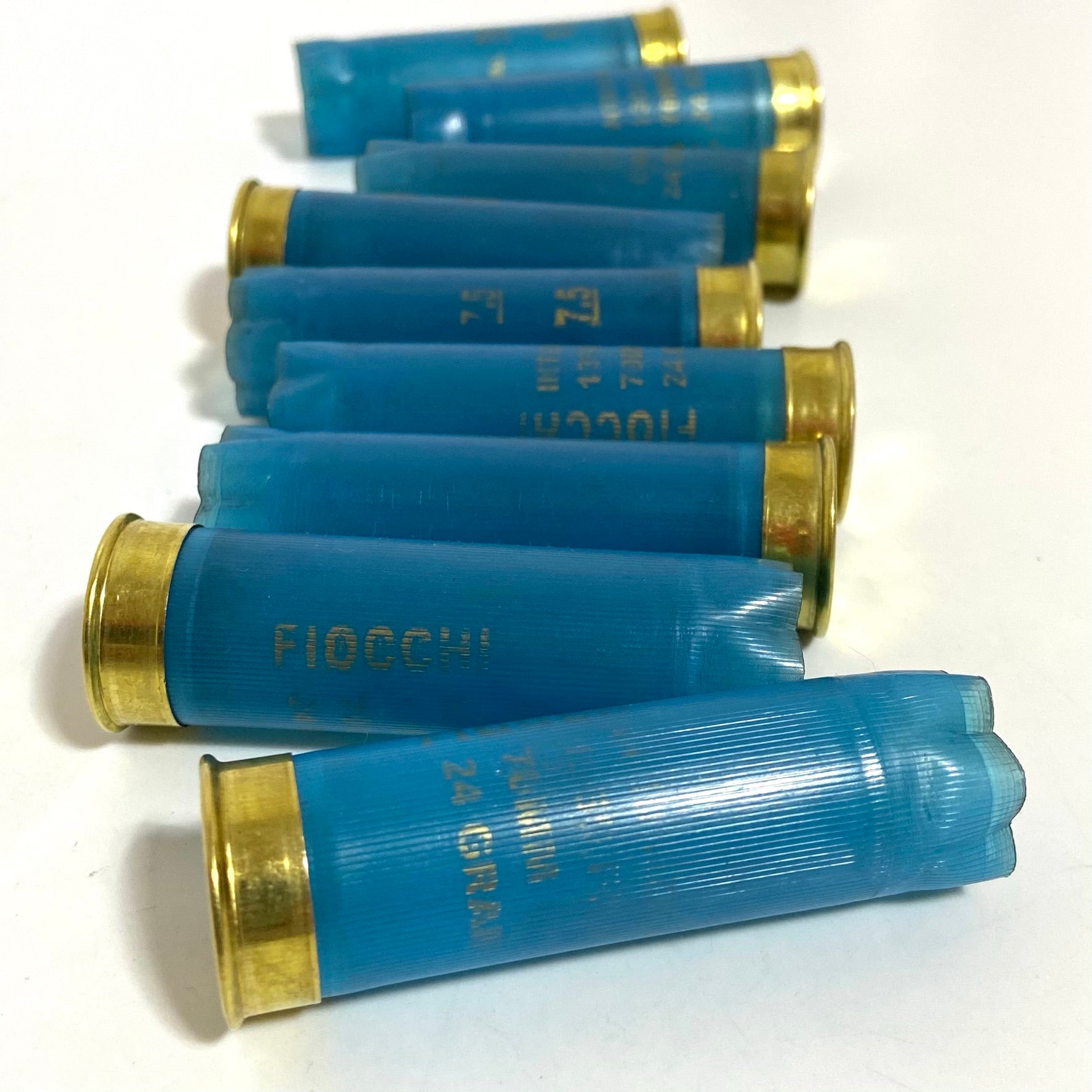 Row of light blue Fiocchi 12 gauge empty shotgun shells with gold bases lying on a white surface