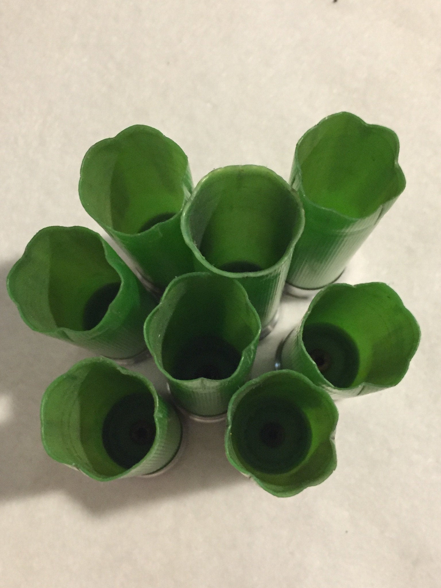 7 empty lime green 12 gauge shotgun shells with crimped open ends viewed from above showing hollow interiors