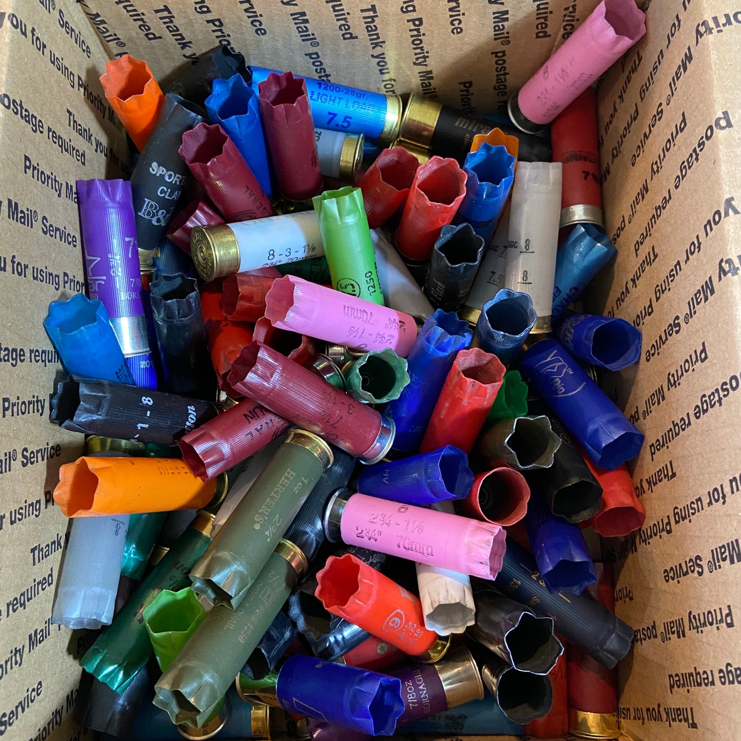 Mixed-color 12 gauge shotgun shell assortment including pink, blue, green, orange, red, and black hulls