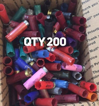 Box of mixed-color empty 12 gauge shotgun shells with “QTY 200” text