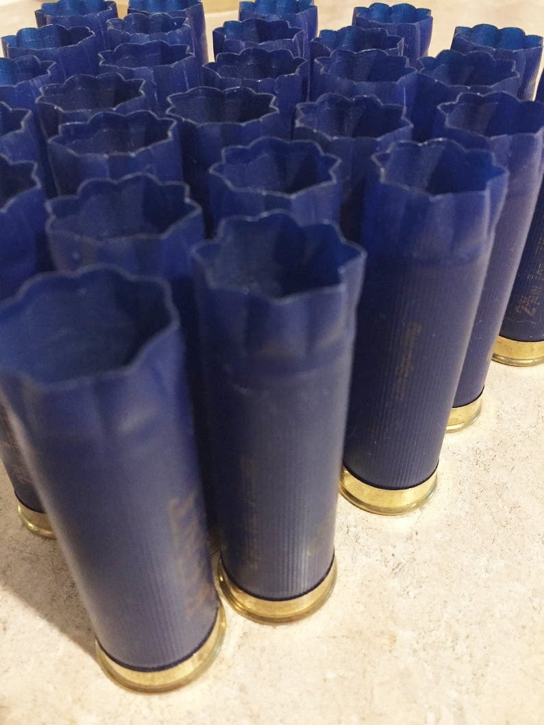 Navy blue shotgun shells with gold bottoms standing upright showing fluted crimped tops