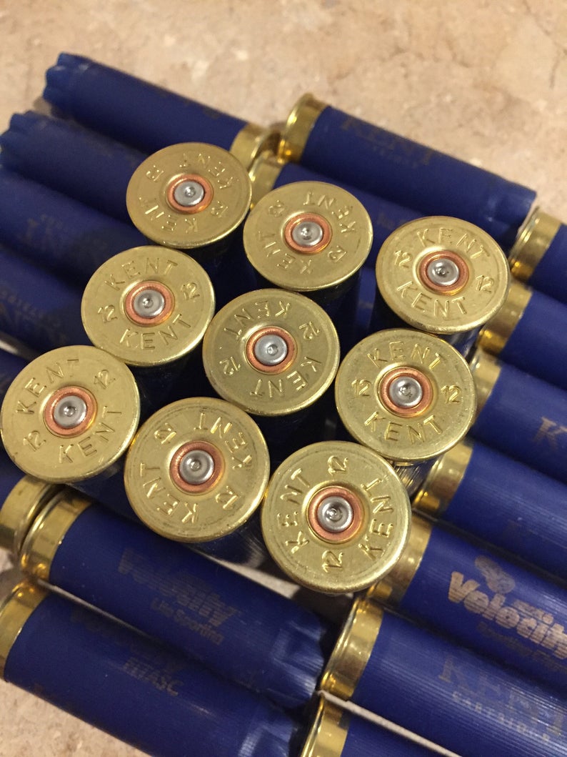 Gold Kent 12 gauge headstamps on navy blue shotgun shells