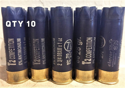 10 navy blue 12 gauge shotgun shells standing in a row against white brick, gold brass bases, QTY 10 text overlay, Clever Mirage T2 Competition headstamp