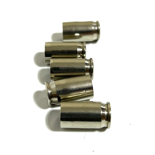 Nickel .380 Auto brass casings, once-fired empty shells. These are inert with no powder or live primers, ideal for rustic jewelry and crafting.
