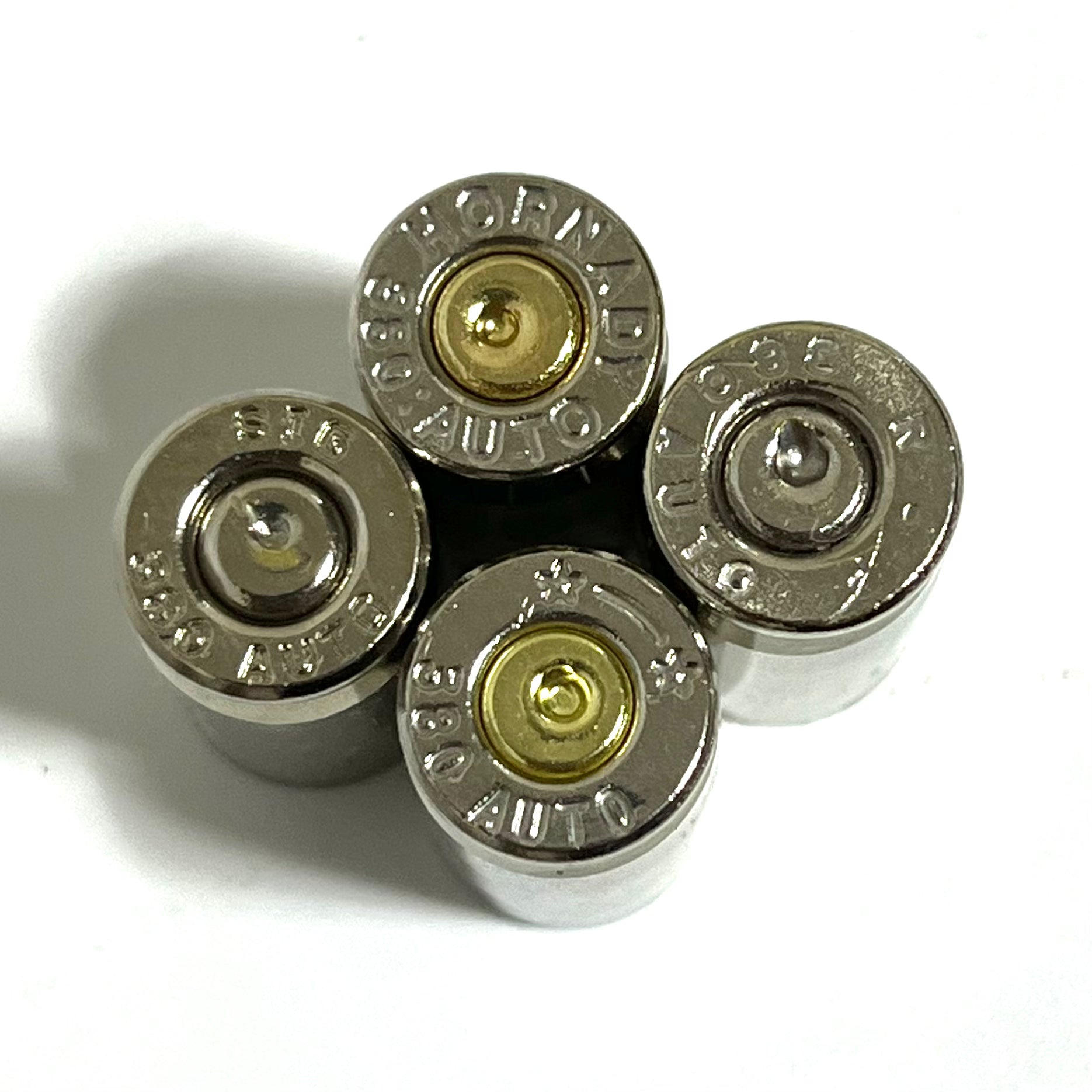 Nickel .380 Auto brass casings, once-fired empty shells. These are inert with no powder or live primers, ideal for rustic jewelry and crafting.
