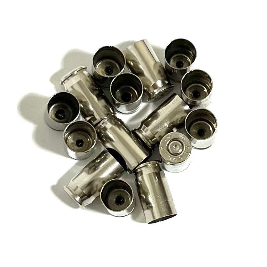 Nickel .380 Auto brass casings, once-fired empty shells. These are inert with no powder or live primers, ideal for rustic jewelry and crafting.
