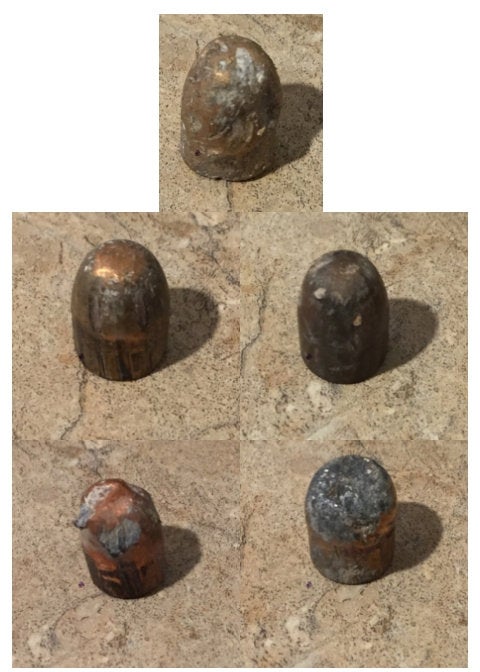 Collage of 5 tarnished spent bullets shown individually on a stone and white background