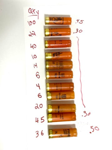Handwritten quantity tally sheet next to 11 orange shotgun shells with gold bases and various headstamps