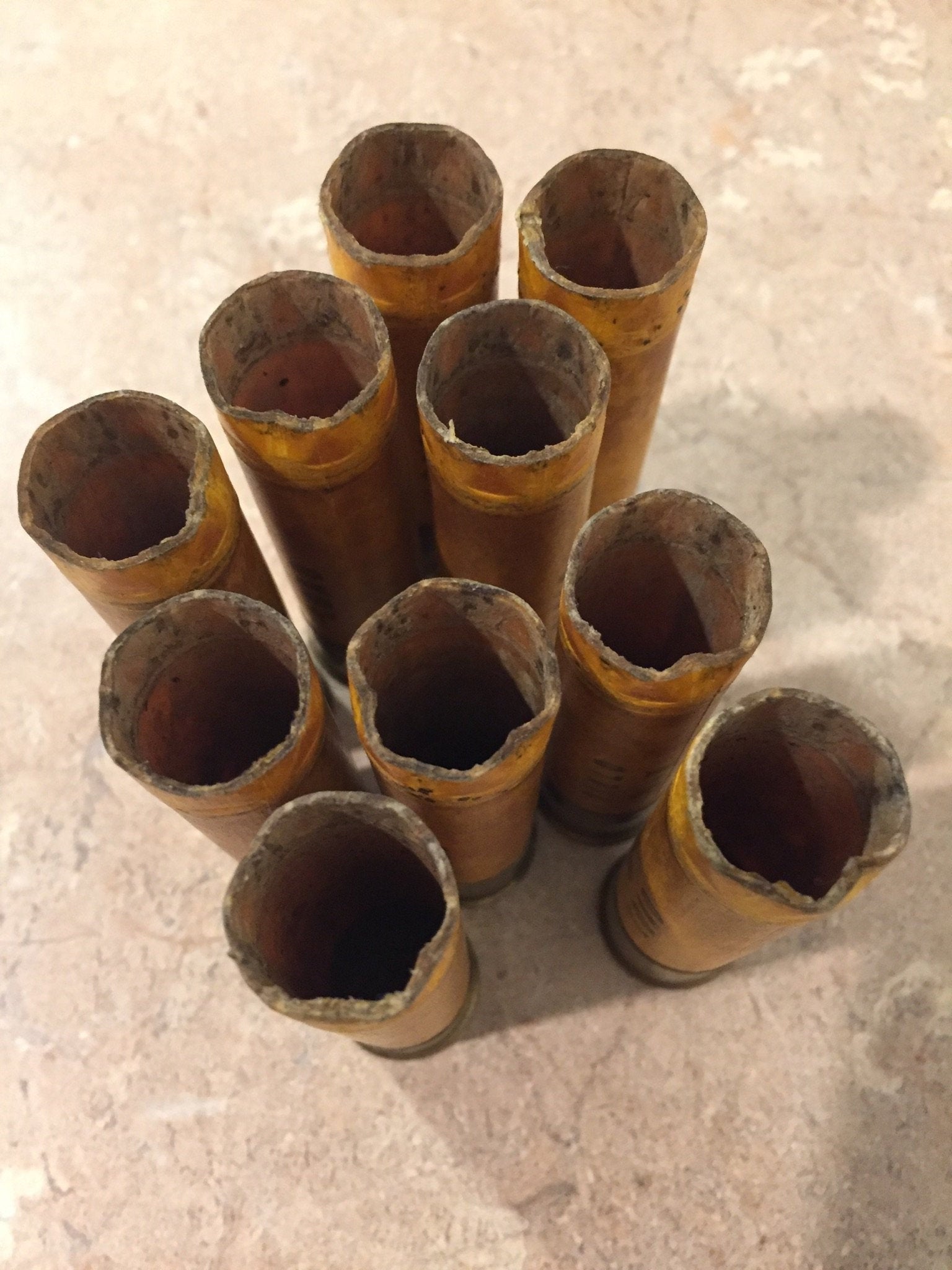 Nine vintage tan paper 20 gauge shotgun shell hulls viewed from above with worn, frayed open mouths