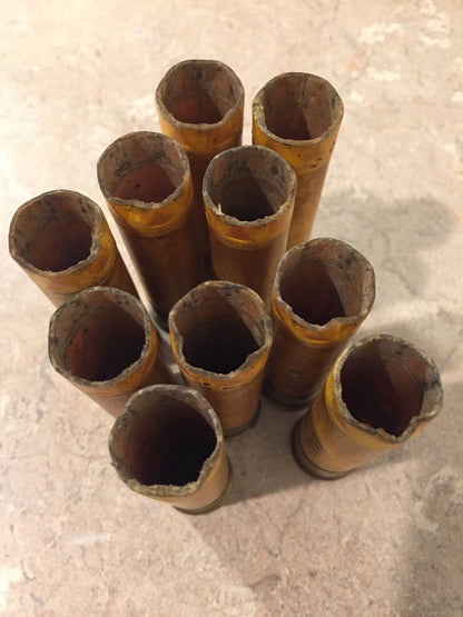 Nine vintage tan paper 20 gauge shotgun shell hulls viewed from above with worn, frayed open mouths