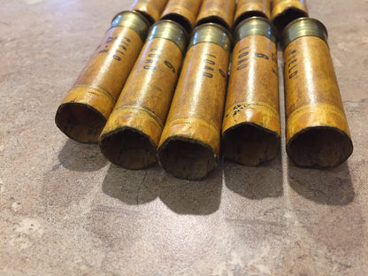 Five vintage tan paper 20 gauge shotgun shell hulls lying with open ends showing “Field” and “Load” printing