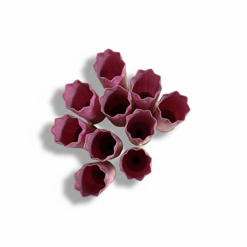Nine pink Federal empty hulls viewed from above, showing open 8 star-crimped mouths in a flower pattern white backgound.