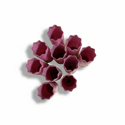Nine pink Federal empty hulls viewed from above, showing open 8 star-crimped mouths in a flower pattern white backgound.