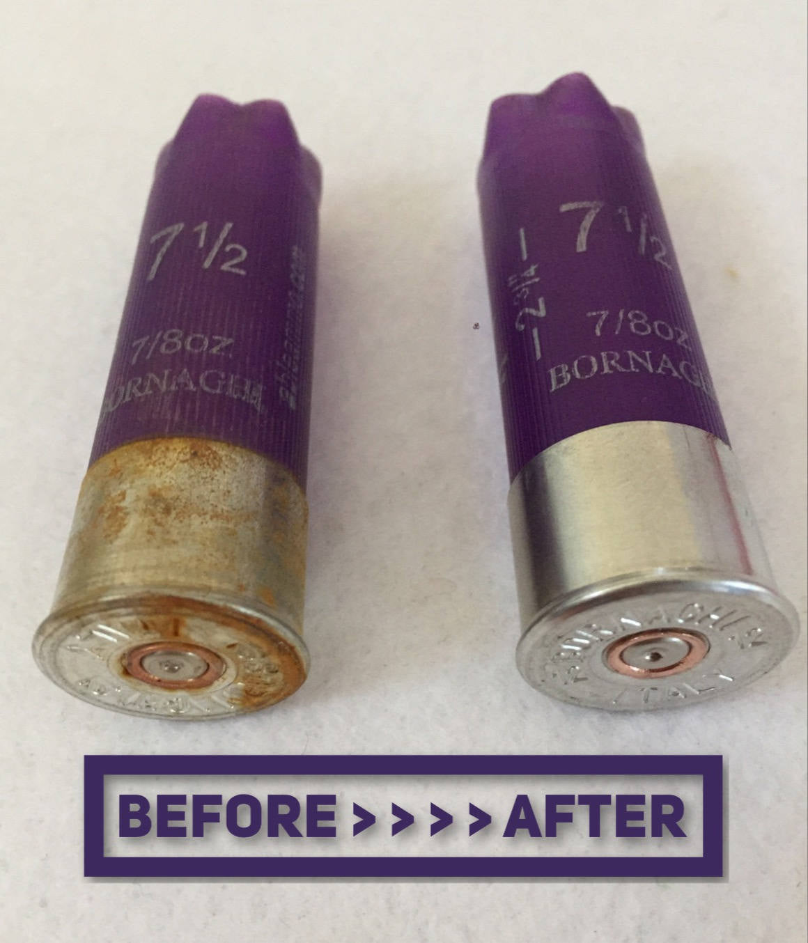Two purple shotgun shells side by side comparing a tarnished silver head to a polished silver head, text reading BEFORE AFTER