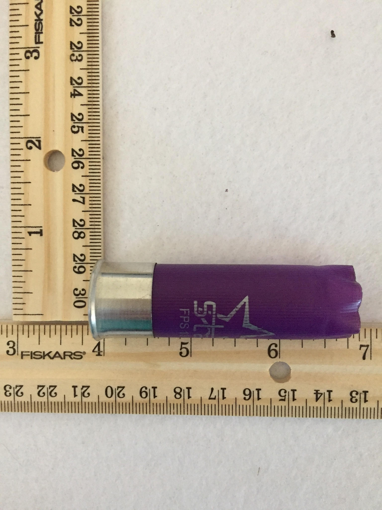 Purple shotgun shell lying next to a wooden ruler showing its length