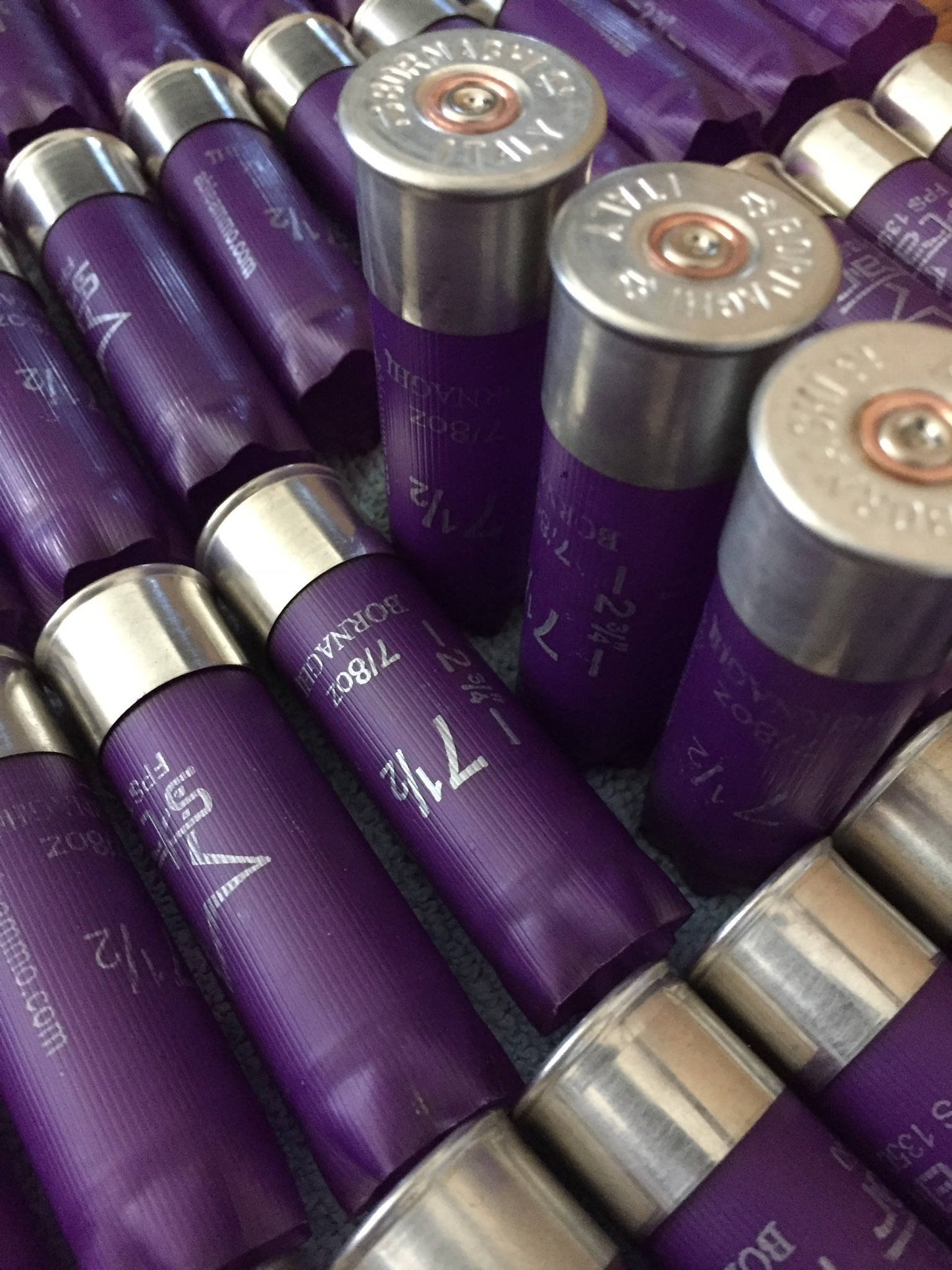 Purple Bornaghi 12 gauge shotgun shells lying in a row showing silver heads and 7 1/2 shot size text