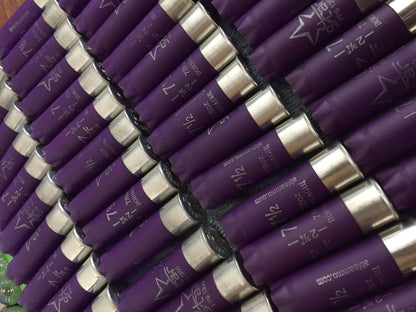 Rows of purple Bornaghi 12 gauge shotgun shells with silver heads viewed at an angle on a wood surface