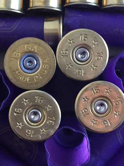 Closeup of four shotgun shell headstamps, three stamped “16” and one stamped “16 GA,” set against purple hulls