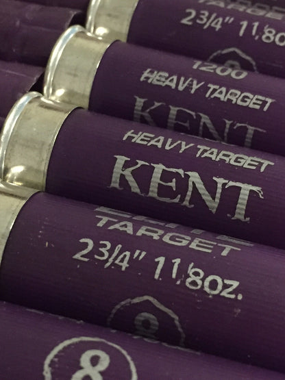 Close-up of silver heads on purple Kent shotgun shells showing metal band seams