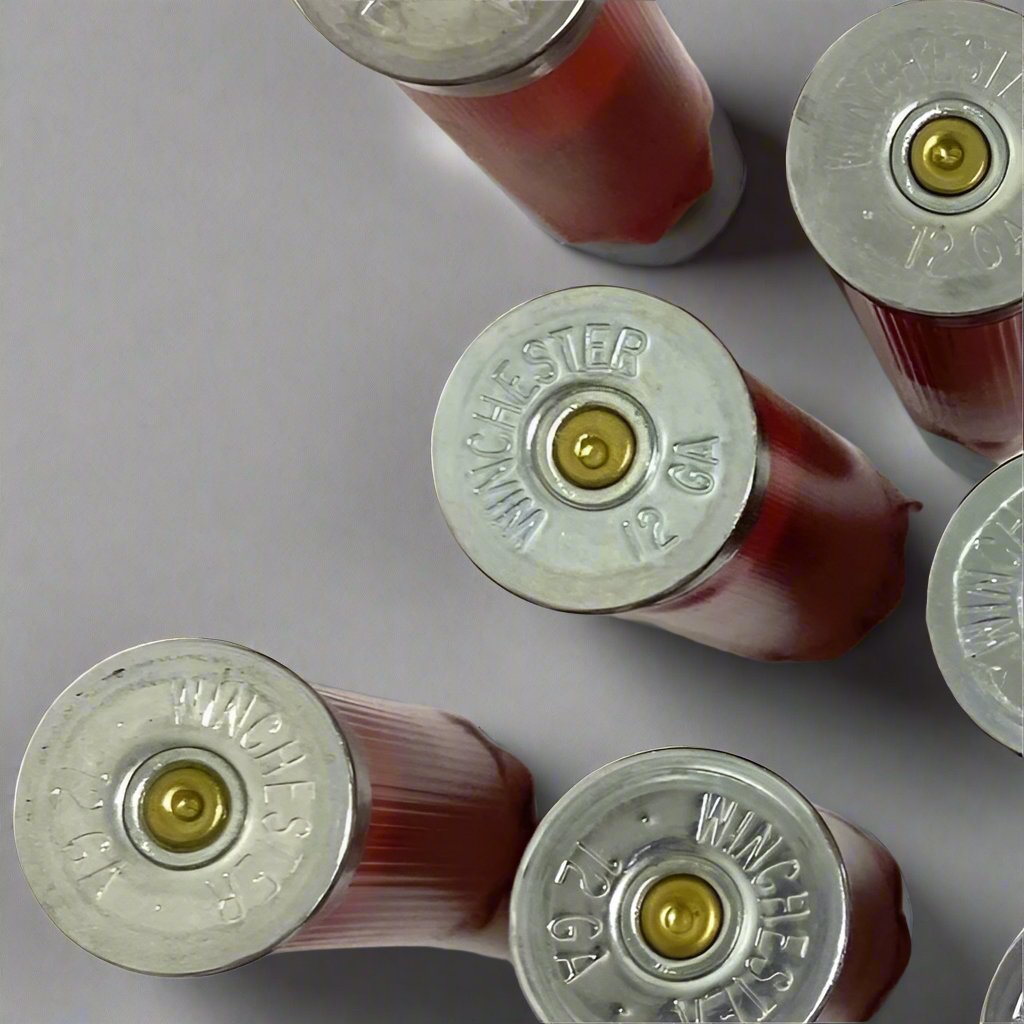 Close-up, top-down view of six recovered, once-fired red 12-gauge empty shotgun shells standing upright on a smooth grey surface. The image focuses tightly on the silver-colored bases, prominently displaying the stamped "WINCHESTER 12 GA" text and gold-toned spent primers. Soft shadows are cast to the lower right.