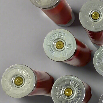 Close-up, top-down view of six recovered, once-fired red 12-gauge empty shotgun shells standing upright on a smooth grey surface. The image focuses tightly on the silver-colored bases, prominently displaying the stamped "WINCHESTER 12 GA" text and gold-toned spent primers. Soft shadows are cast to the lower right.