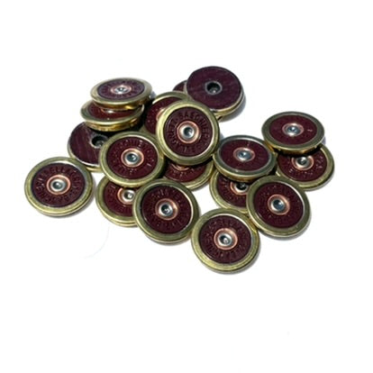 16 Baschieri and Pellagri 12 GA red shotgun shell slices with brass rims piled together