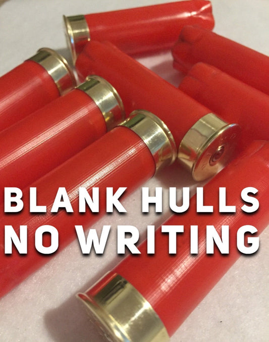 Red plastic 12 gauge shotgun shells with gold brass heads, text reading BLANK HULLS NO WRITING