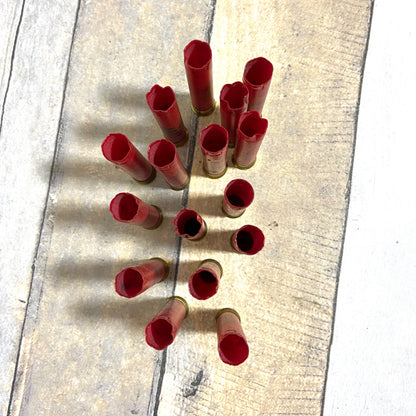 Empty red 410 bore shotgun shells with brass bases viewed from above on a wood deck