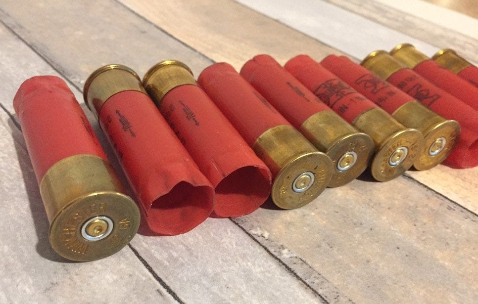 Row of red 12 gauge empty shotgun shells with gold bases showing Winchester headstamps on a wood surface