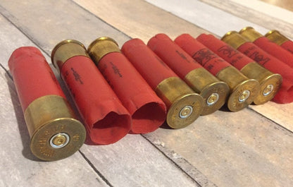 Row of red 12 gauge empty shotgun shells with gold bases showing Winchester headstamps on a wood surface