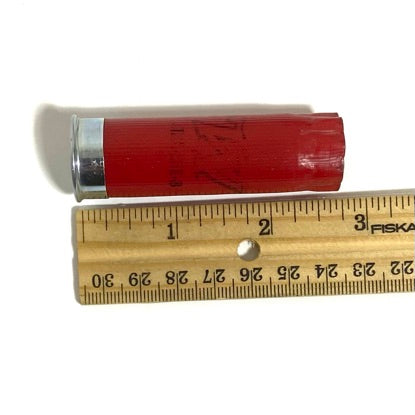 Empty red Winchester 12 gauge shotgun shell shown next to a ruler for size reference