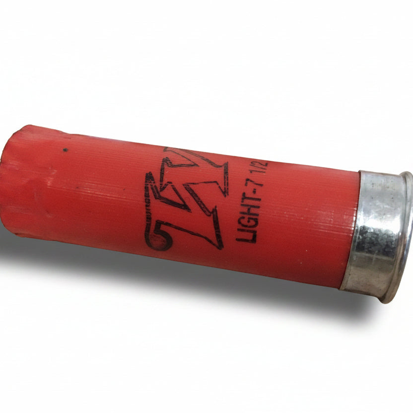 Close-up of a single once-fired red Winchester 12 gauge shotgun shell showing shot size print