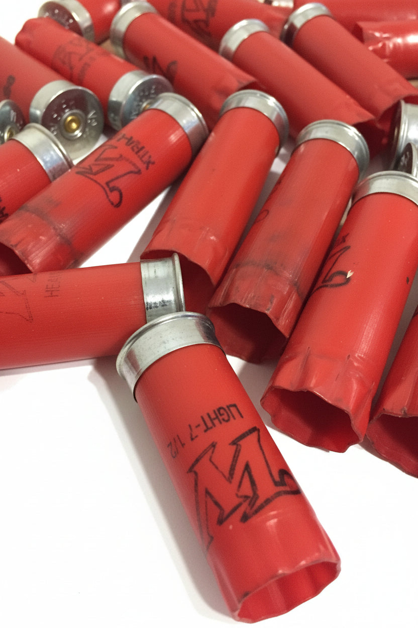 Angled close-up of used red Winchester shotgun shells showing silver bases and primers