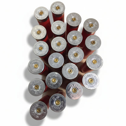 Close-up of Winchester 12 gauge headstamps and struck primers on silver shell bases
