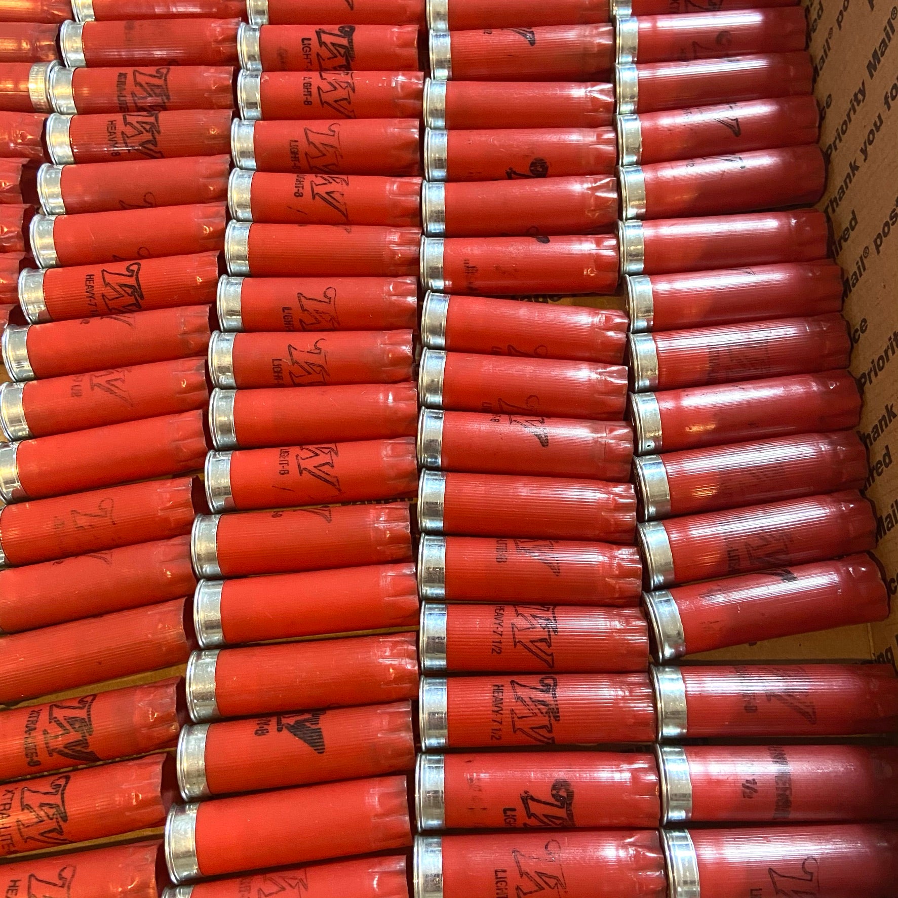 Rows of used red Winchester 12 gauge shotgun shell hulls packed in a box