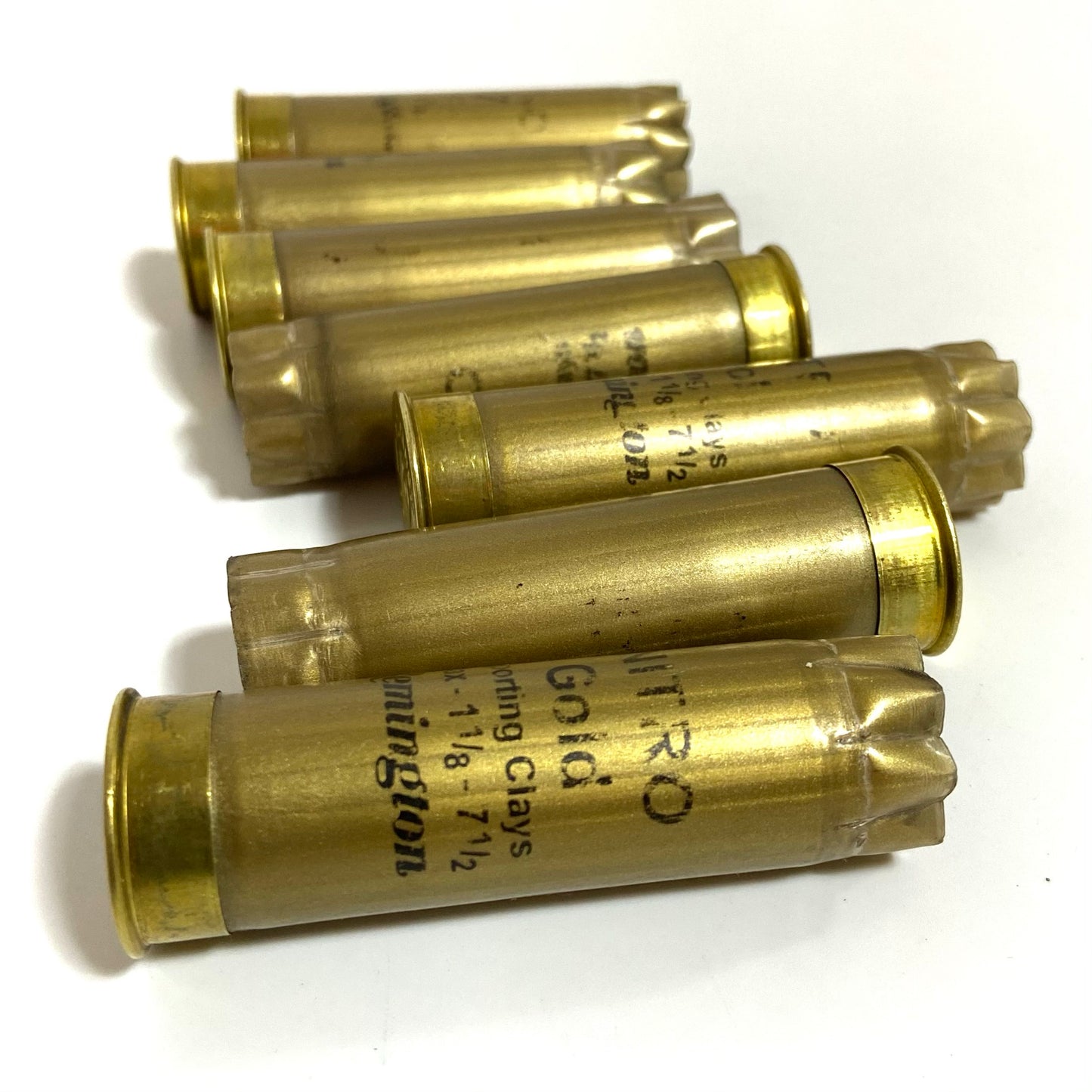 Several empty gold shotgun hulls stacked together on a white background.