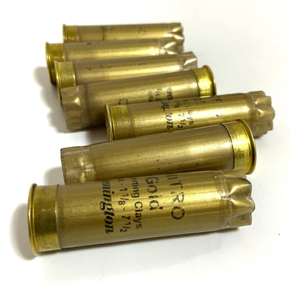 Several empty gold shotgun hulls stacked together on a white background.