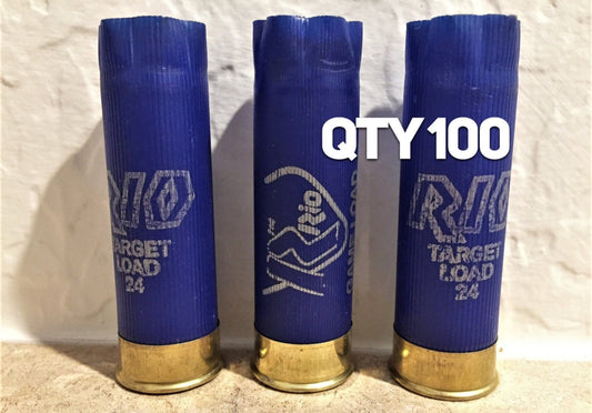 RIO blue 12ga empty shotgun hulls, arranged for crafting display