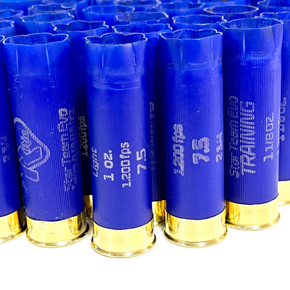 Close-up of blue Rio 12 gauge shotgun shell hulls with open crimped mouths and assorted load markings