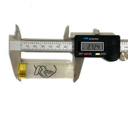 A clear Rio translucent 12 gauge empty shell being measured with a digital caliper showing a dimension of 2.724 inches, on a white background.
