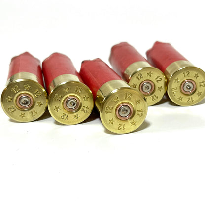 5 gold brass heads of salmon pink paper shotgun shells viewed from the base on a white background