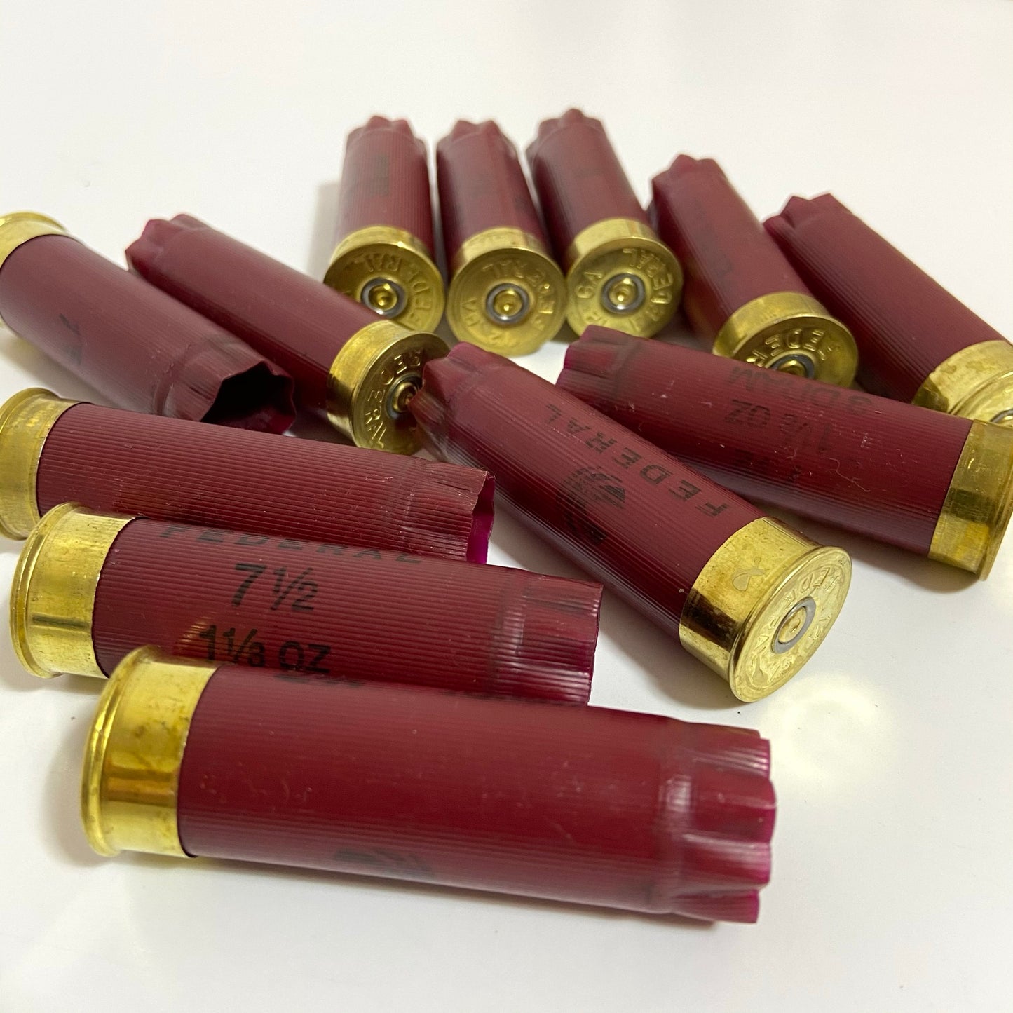 A scattered pile of dark red burgundy Federal 12 gauge empty shotshells on a white background.
