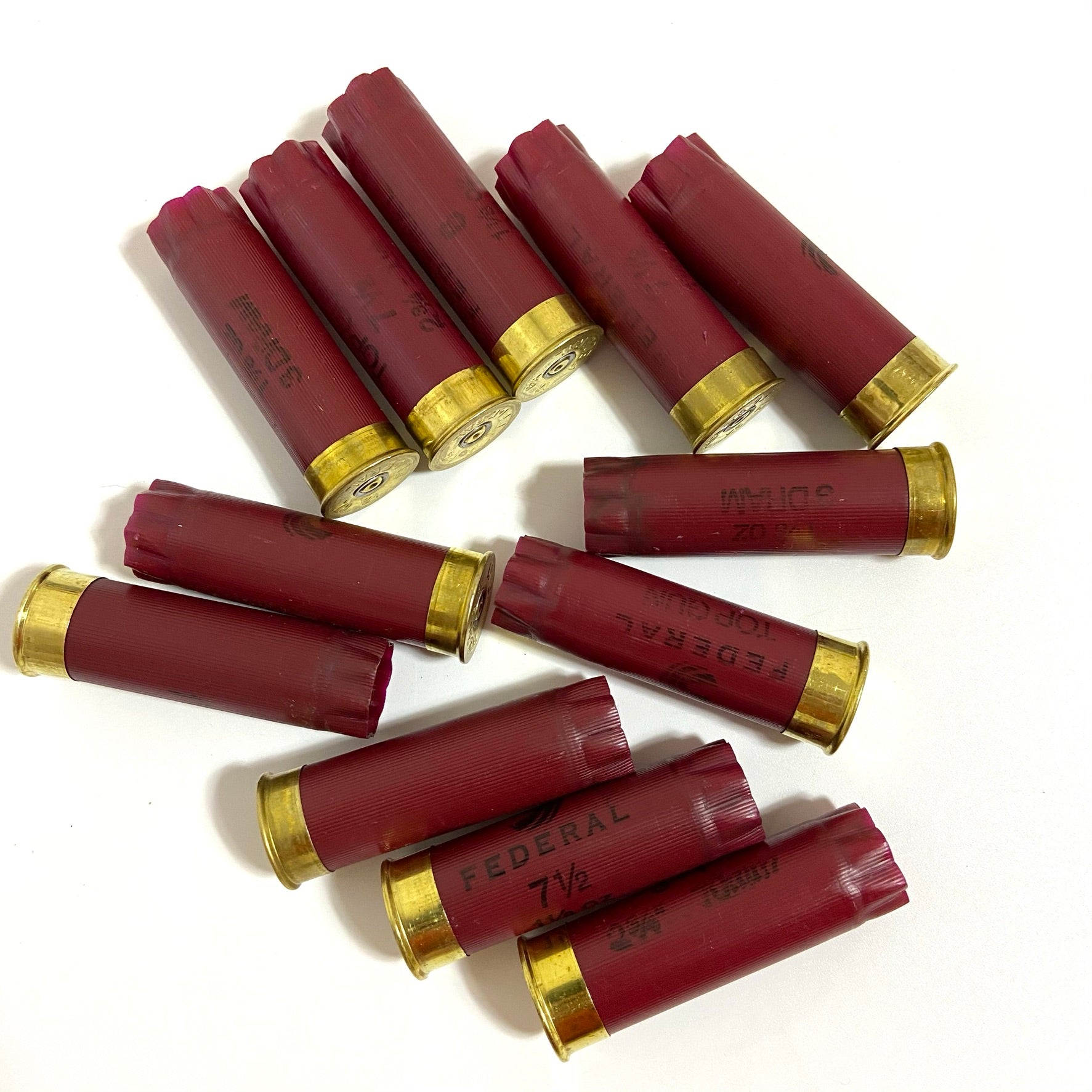 A variety of scattered red Federal 12 gauge shotgun shells on a white background.
