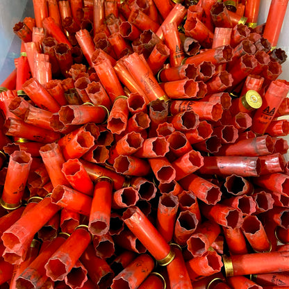 Bulk pile of red Winchester shotgun shell hulls inside a bin, one brass base showing an AA logo