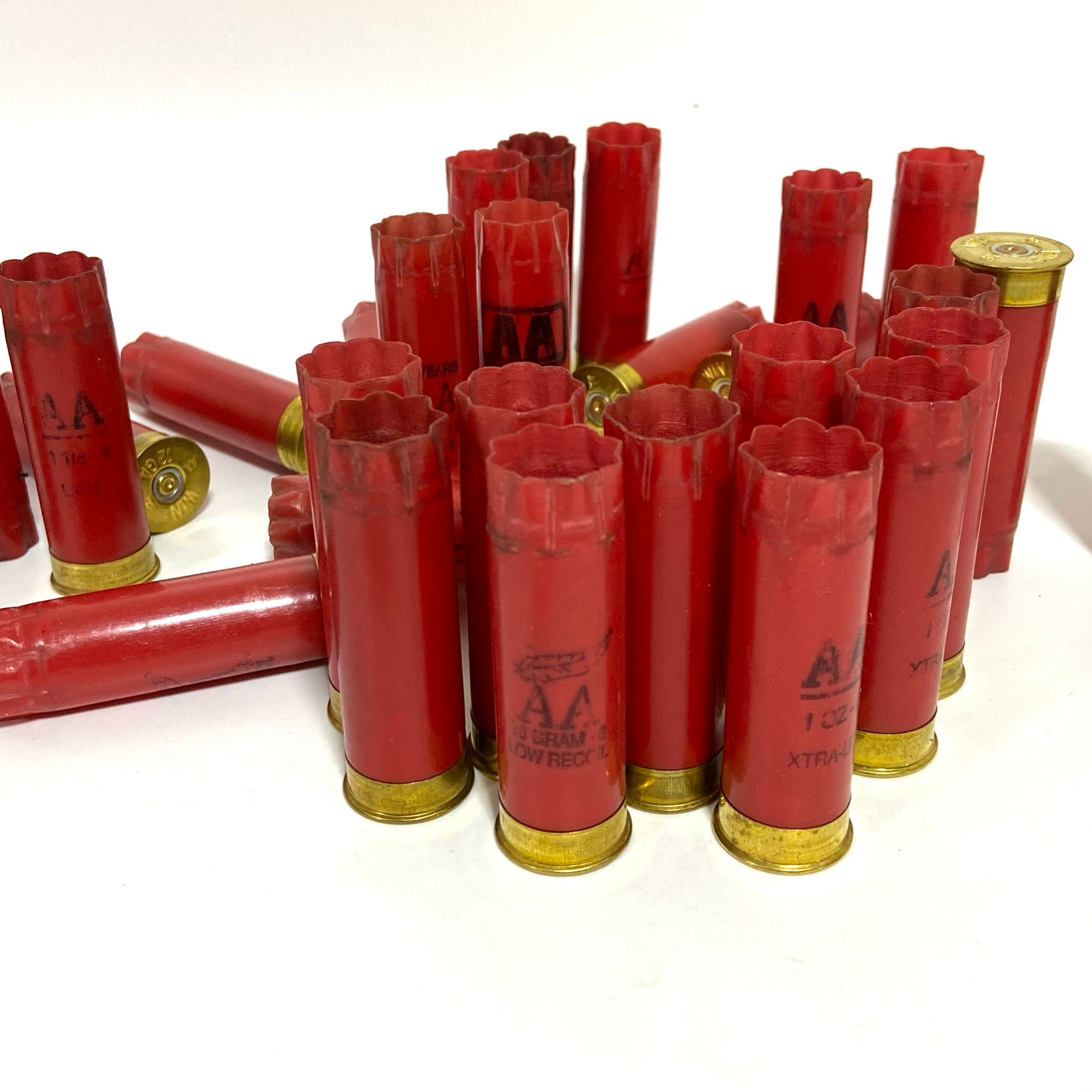 Red shotgun hulls in a small cluster, some standing and some lying flat, with AA markings visible