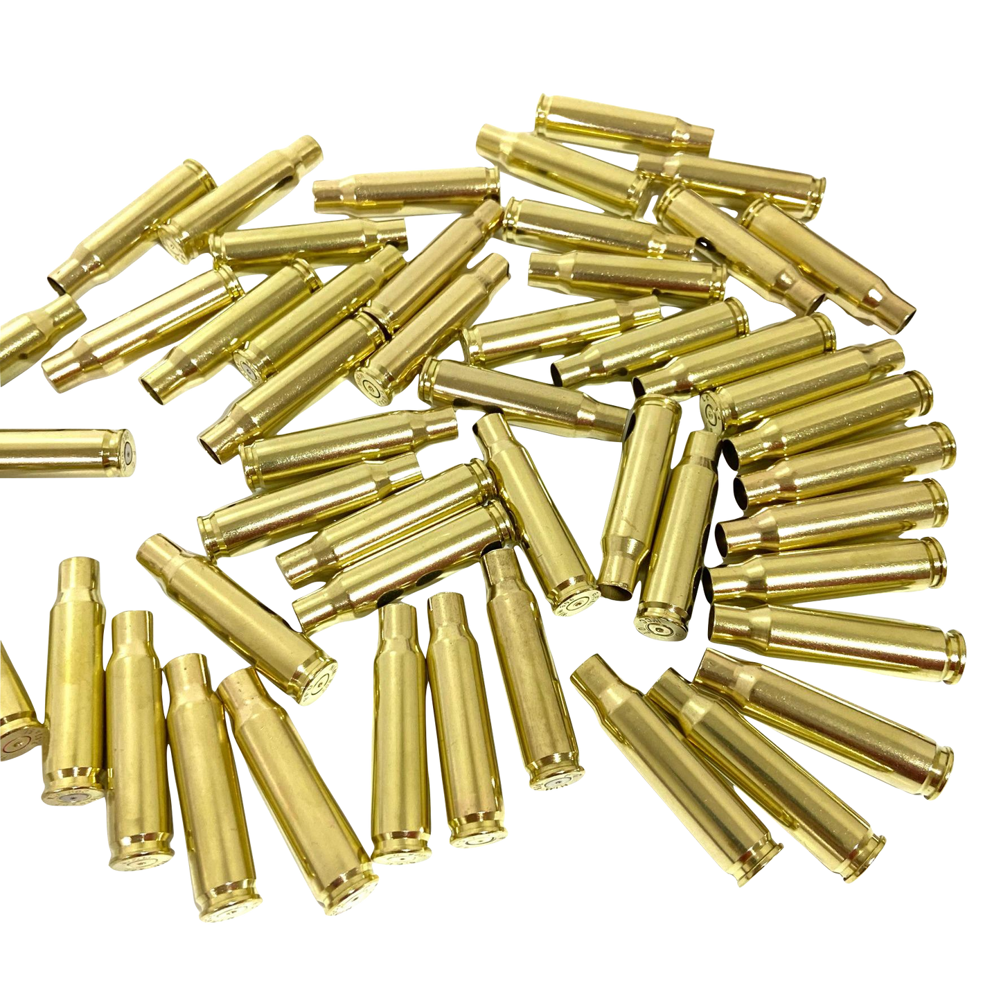 Large circular arrangement of empty gold 308 WIN brass casings isolated on a transparent background.