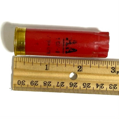 Single red Winchester AA shotgun shell hull laid across a wooden ruler for size reference, brass end visible